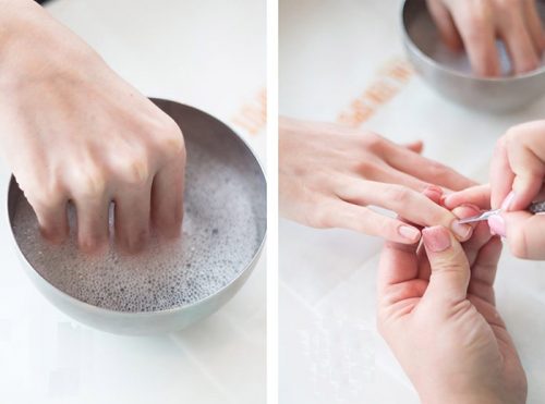 Tháo móng đắp bột bằng nước nóng và xà phòng